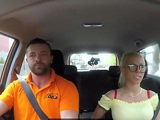 Fake Driving School Big tits blonde gets fucked and cum splattered glasses