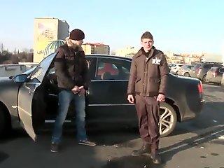 Two lewd poofters fuck in the standing pose in public
