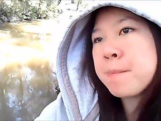 My cute asian girlfriend sucking me off in a public park and swallowing